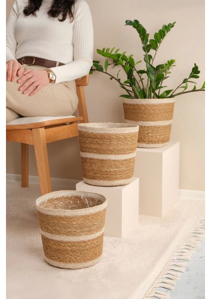 Martina - 3 Adet Dekoratif Iç Korumalı Doğal El Örmesi Hasır Saksı Sepet Seti 24 cm fiyatları