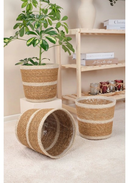Martina - 3 Adet Dekoratif Iç Korumalı Doğal El Örmesi Hasır Saksı Sepet Seti 24 cm modelleri