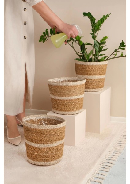 Martina - 3 Adet Dekoratif Iç Korumalı Doğal El Örmesi Hasır Saksı Sepet Seti 24 cm fırsatları