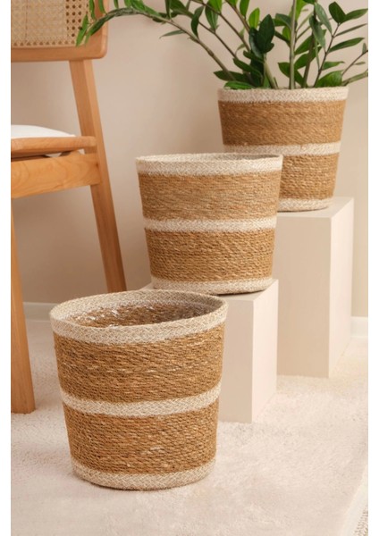 Martina - 3 Adet Dekoratif Iç Korumalı Doğal El Örmesi Hasır Saksı Sepet Seti 24 cm indirimleri