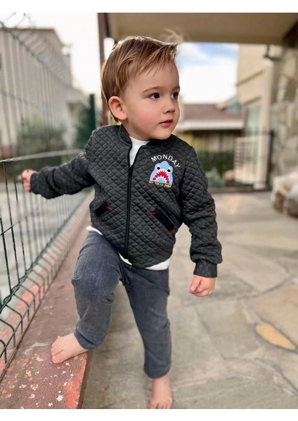 Kot Pantolonlu Pilot Mont Uzun Kollu Penye Sweat 3lü Erkek Çocuk Takımı Gri