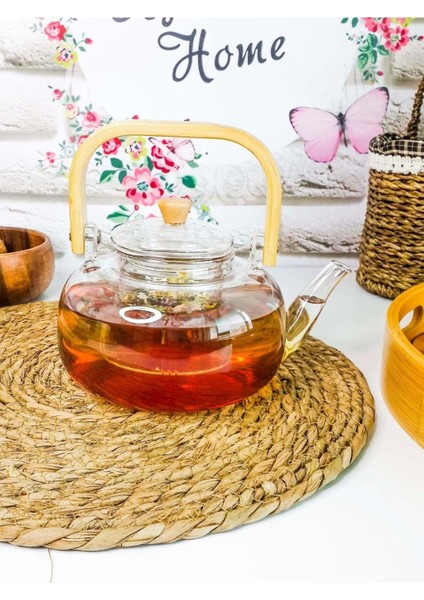 Anais Bambu Saplı Cam Süzgeçli Cam Bitki Çayı Demliği 1100 ml
