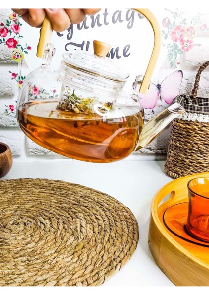 Anais Bambu Saplı Cam Süzgeçli Cam Bitki Çayı Demliği 1100 ml