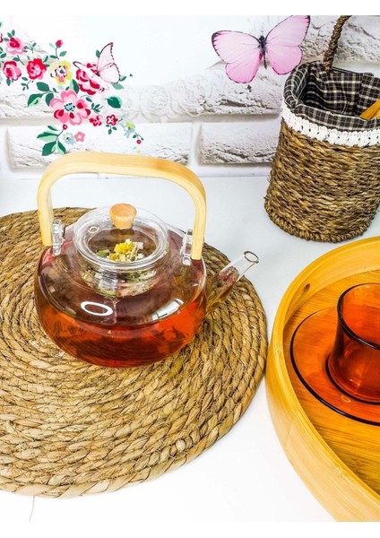 Anais Bambu Saplı Cam Süzgeçli Cam Bitki Çayı Demliği 1100 ml