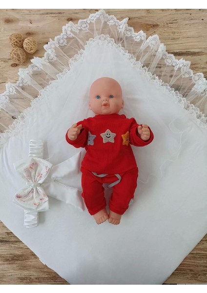Yenidoğan Hanımeli Desenli Taç Nakışlı Delüks Kundak Bebek Battaniyesi Ekru