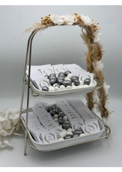 Iki Katlı Sunumluk Çiçek Süslemeli Stand Kız Isteme Çikolatası 80 Adet Söz Nişan Çikolatası Drajeli modelleri