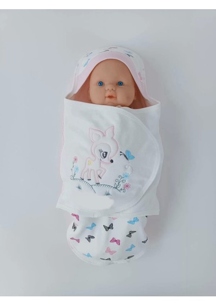 Yenidoğan İlk Baharın Ceylanı Nakışlı Çıt Çıt Kapama Bebek Kundak Ekru