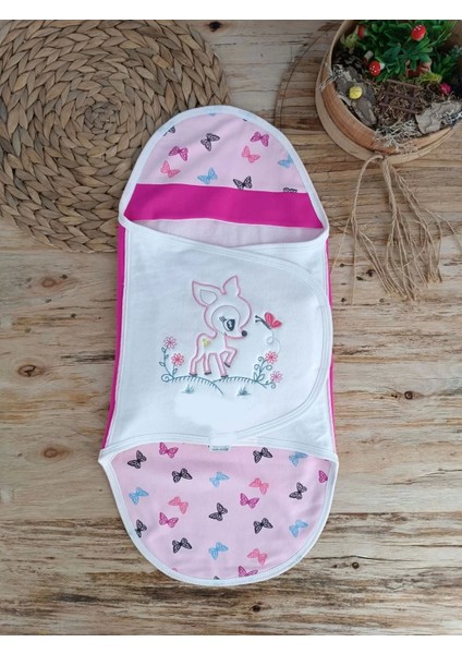 Yenidoğan İlk Baharın Ceylanı Nakışlı Çıt Çıt Kapama Bebek Kundak Pembe