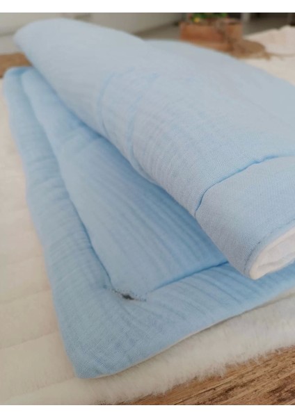 Yenidoğan 4 Kat Müslin Kumaş Kulaklı Patili Fiyonk Bebek Battaniyesi Kundak Mavi