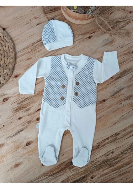 Şapkalı Yelek Detaylı Boydan Çıtçıt Erkek Bebek Tulumu Ekru