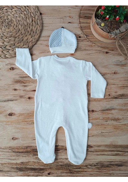 Şapkalı Yelek Detaylı Boydan Çıtçıt Erkek Bebek Tulumu Ekru