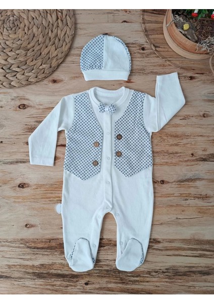 Şapkalı Yelek Detaylı Boydan Çıtçıt Erkek Bebek Tulumu Ekru