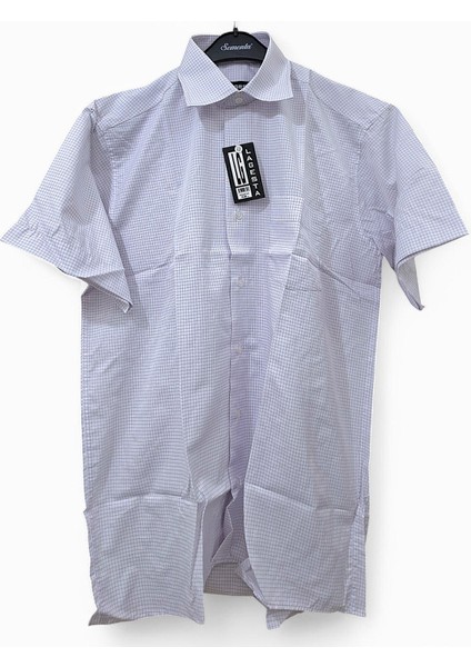 S / M Beden Tek Cepli Pamuk Pembe- Beyaz Çizgili Kareli Klasik Kısa Kollu Erkek Gömleği