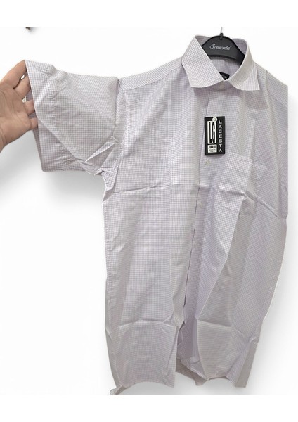 S / M Beden Tek Cepli Pamuk Pembe- Beyaz Çizgili Kareli Klasik Kısa Kollu Erkek Gömleği indirimleri