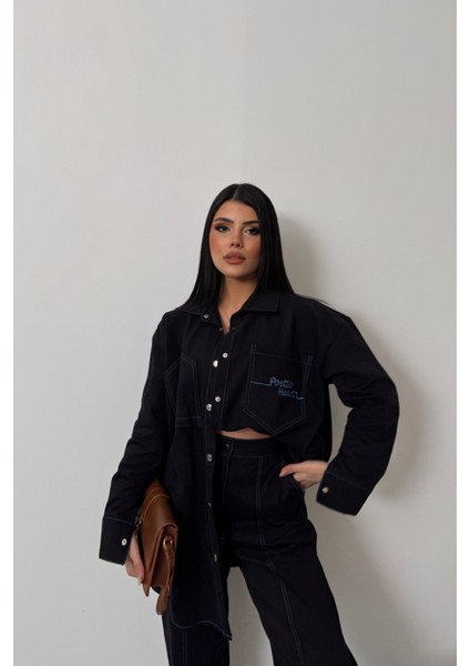 Denim Puntolu Gömlek-Pantolon Takım - Mavi