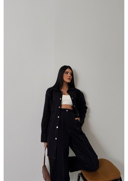 Denim Puntolu Gömlek-Pantolon Takım - Mavi