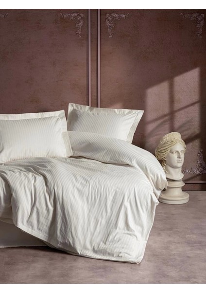 Çift Kişilik Saten Nevresim Takımı Elegante Stripe Ekru