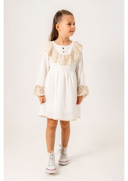 Müslin Yaka Dantel Detaylı Kız Çocuk pamuk elbise - Beyaz