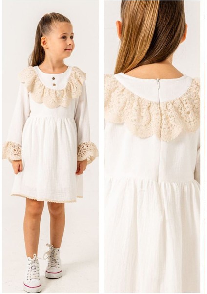 Müslin Yaka Dantel Detaylı Kız Çocuk pamuk elbise - Beyaz fiyatları