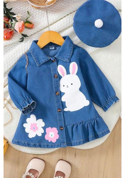 Tavşan Baskılı Şapkalı Tensel Kot Kız çocuk elbise - Mavi