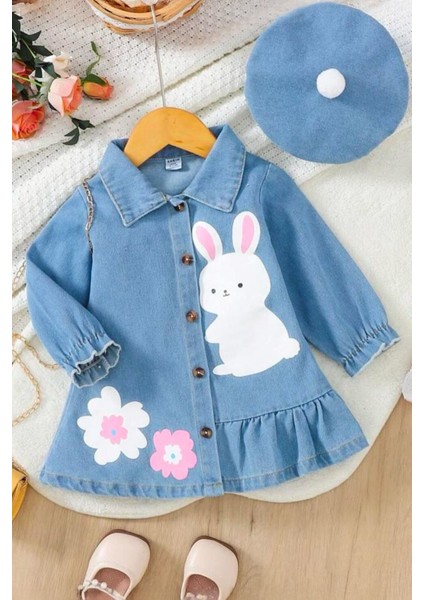 Tavşan Baskılı Şapkalı Tensel Kot Kız çocuk elbise - Açık Mavi