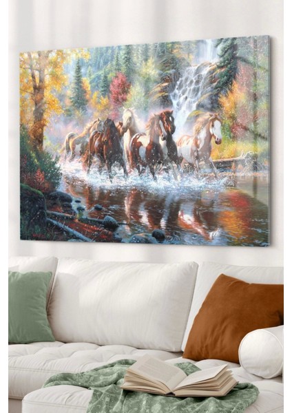 Göl ve Koşan Atlar | Hayvanlar Temalı Cam Tablo | 50 x 70 cm