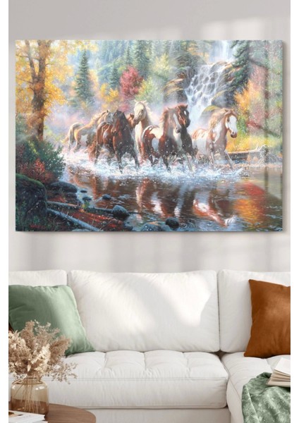 Göl ve Koşan Atlar | Hayvanlar Temalı Cam Tablo | 50 x 70 cm