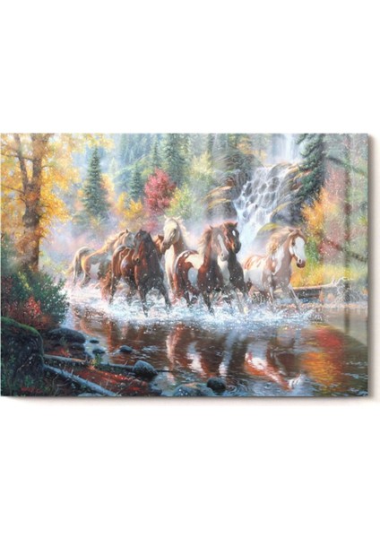 Göl ve Koşan Atlar | Hayvanlar Temalı Cam Tablo | 50 x 70 cm