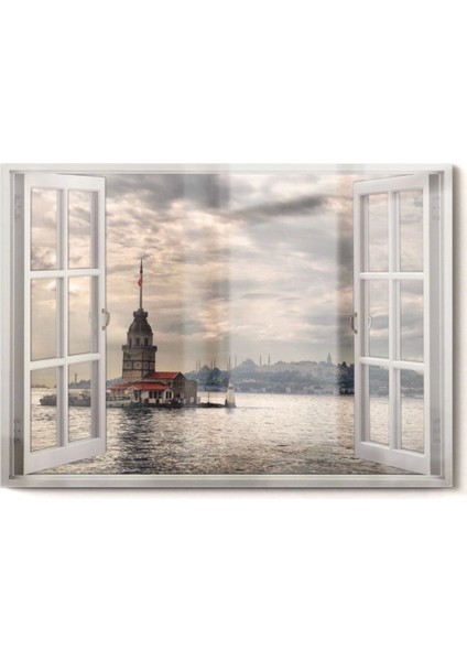 Pencere ve Kız Kulesi | Şehir Temalı Cam Tablo | 50 x 70 cm fırsatları
