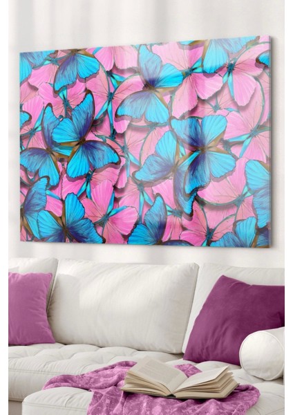 Pembe ve Mavi Kelebek | Hayvan Temalı Cam Tablo | 50 x 70 cm