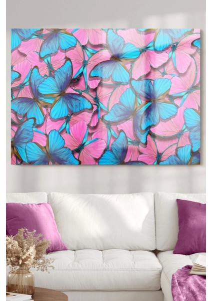 Pembe ve Mavi Kelebek | Hayvan Temalı Cam Tablo | 50 x 70 cm