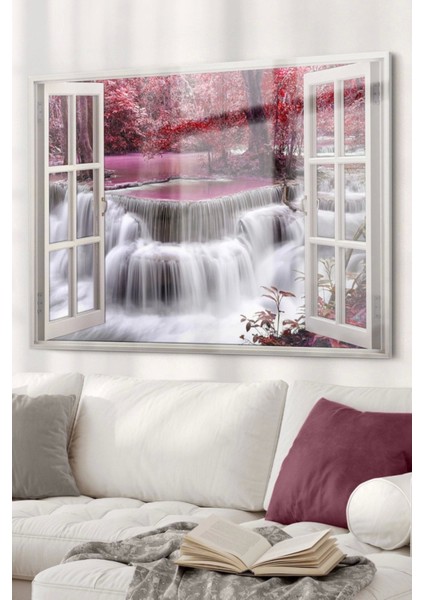 Pencere Şelale ve Pembe Ağaçlar | Doğa Temalı Cam Tablo | 50 x 70 cm