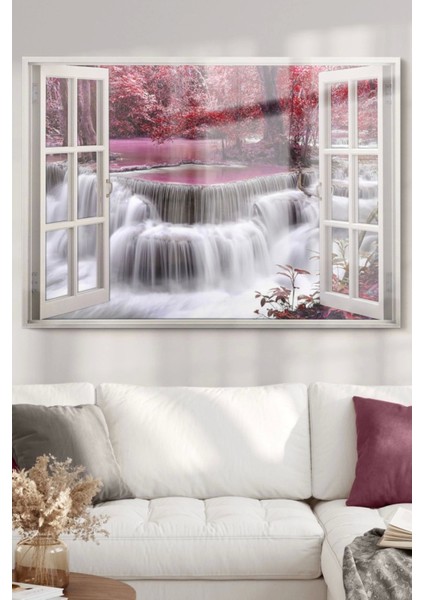 Pencere Şelale ve Pembe Ağaçlar | Doğa Temalı Cam Tablo | 50 x 70 cm