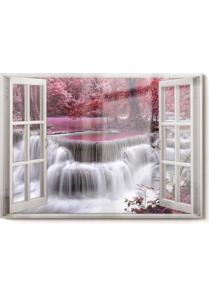 Pencere Şelale ve Pembe Ağaçlar | Doğa Temalı Cam Tablo | 50 x 70 cm