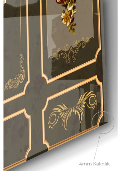 Gold Işlemeli Vintage Çiçek | Çiçek Temalı Cam Tablo | 50 x 70 cm