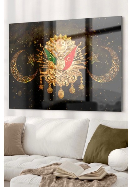 Gold Detaylı Osmanlı Tuğrası | Osmanlı Temalı Cam Tablo | 50 x 70 cm