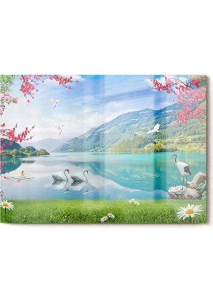 Gölde Yüzen Kuğular | Hayvan Temalı Cam Tablo | 50 x 70 cm