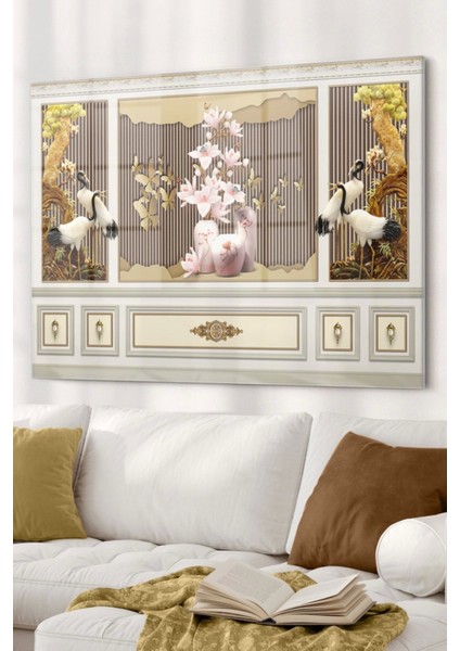 Gold Işlemeli Vintage Desenler | Çiçek Temalı Cam Tablo | 50 x 70 cm