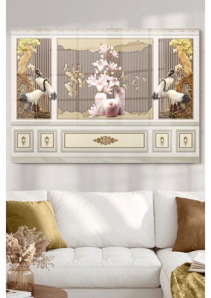 Gold Işlemeli Vintage Desenler | Çiçek Temalı Cam Tablo | 50 x 70 cm