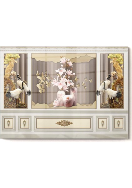 Gold Işlemeli Vintage Desenler | Çiçek Temalı Cam Tablo | 50 x 70 cm