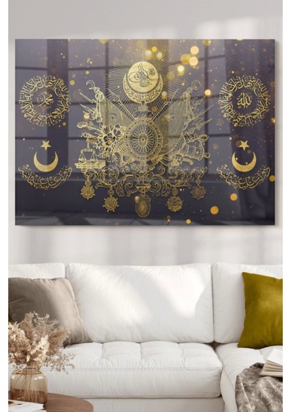 Gold Detaylı Osmanlı Tuğrası Allah Muhammed | Osmanlı Temalı Cam Tablo | 50 x 70 cm