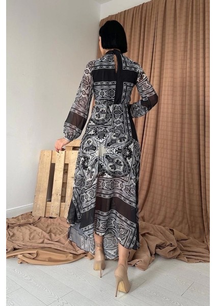 Siyah Reglan Kol Parçalı Baskılı Elbise