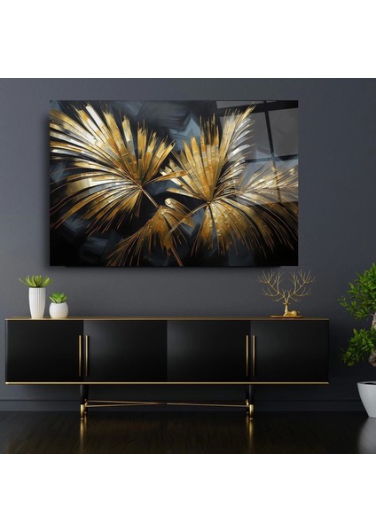Kristal Gold Yaprak Desenli Sanatsal Cam Tablo