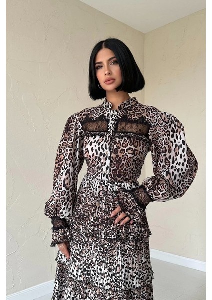 Leopar Pilise Detaylı Lastikli Elbise
