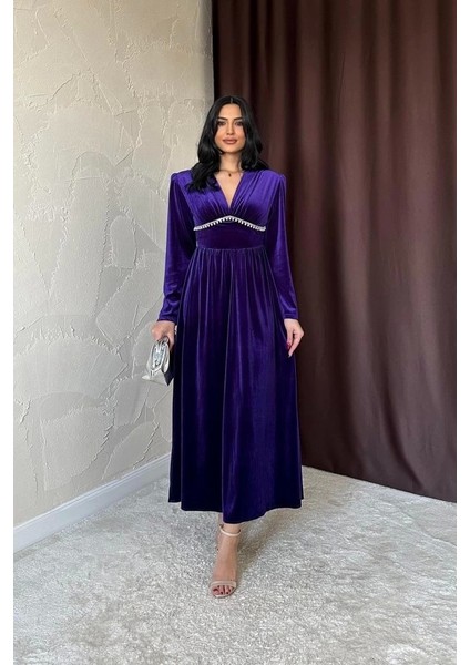 Mor Göğüs Altı Taşlı Elbise