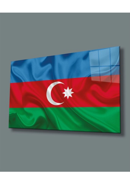 Dalgalı Azerbaycan Bayrağı Cam Tablo, Uv Baskılı ve Temperli, Hediyelik