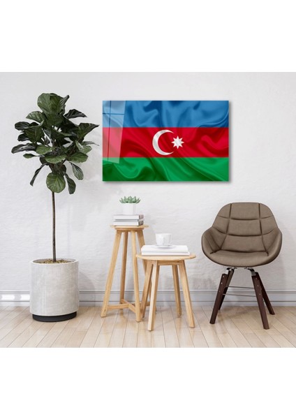 Dalgalı Azerbaycan Bayrağı Cam Tablo, Uv Baskılı ve Temperli, Hediyelik