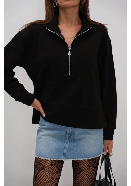 Fermuar ve Dikiş Detaylı Sweatshirt
