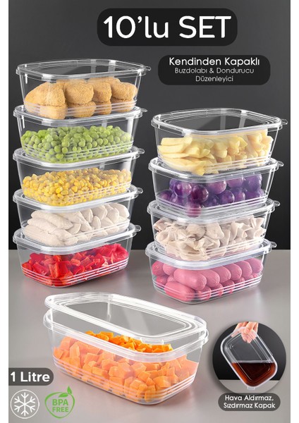 10 Adet Sızdırmaz Kendinden Kapaklı Derin Dondurucuya Uygun Saklama Kabı Hava Almaz Düzenleyici 1lt
