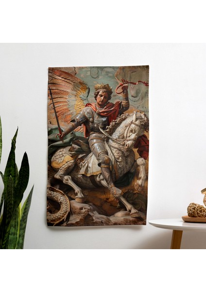 Rönesans Saint George ve Ejderha Duvar Örtüsü - Canlı Süblimasyon Baskı Kumaş Sanatı